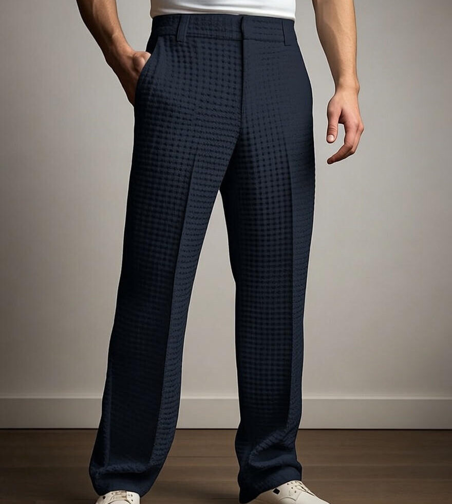 Men's Navy Blue Textured Wide Leg Trousers