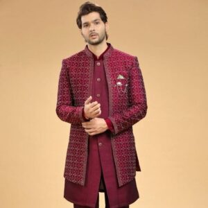 Maroon Embroidered Open-Front Indo-Western Jacket with Kurta