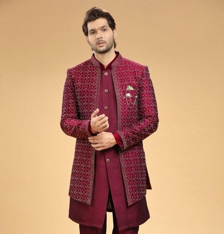 Maroon Embroidered Open-Front Indo-Western Jacket with Kurta