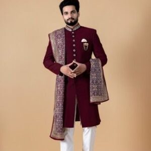 Wine Maroon Embroidered Sherwani with Designer Dupatta and White Churidar
