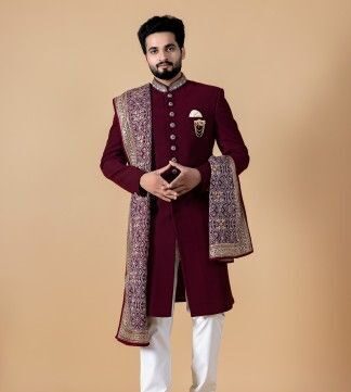 Wine Maroon Embroidered Sherwani with Designer Dupatta and White Churidar