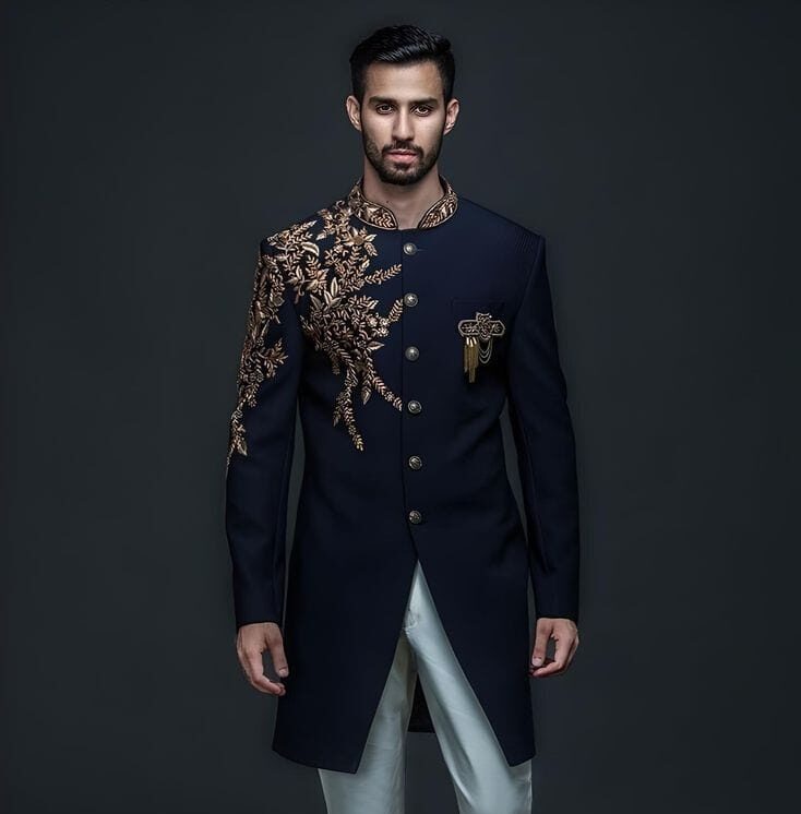 Navy Blue Gold Embroidered Indo-Western Sherwani