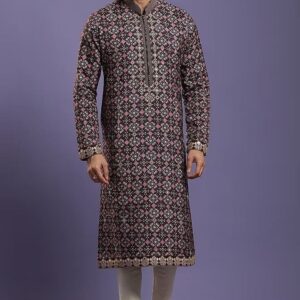 Black Multicolor Embroidered Kurta with Off-White Pajama