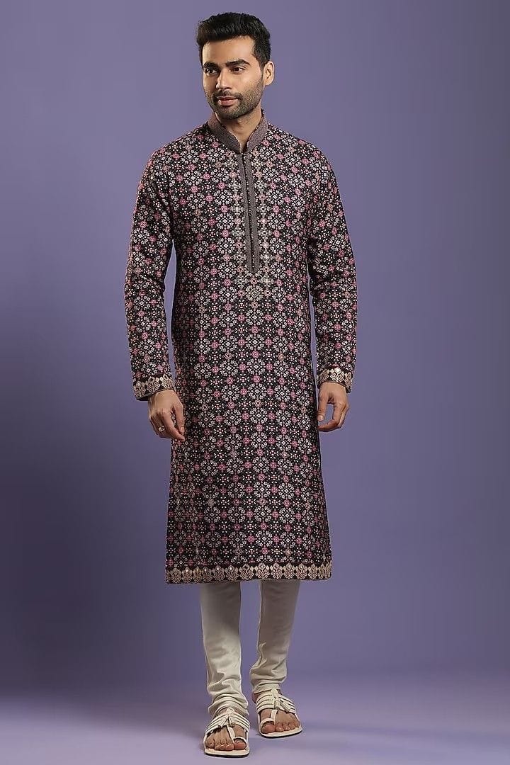 Black Multicolor Embroidered Kurta with Off-White Pajama