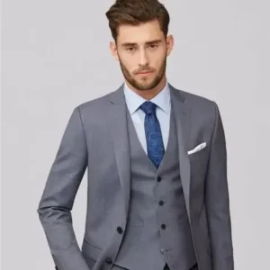 Grey Three-Piece Formal Suit with Waistcoat and Tie Set for Men