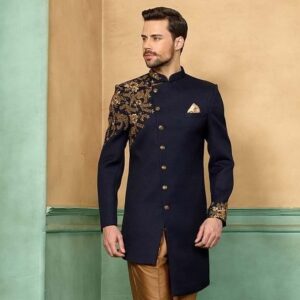 Navy Blue Gold Embroidered Asymmetric Indo-Western Sherwani