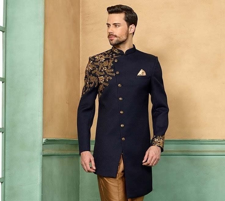Navy Blue Gold Embroidered Asymmetric Indo-Western Sherwani