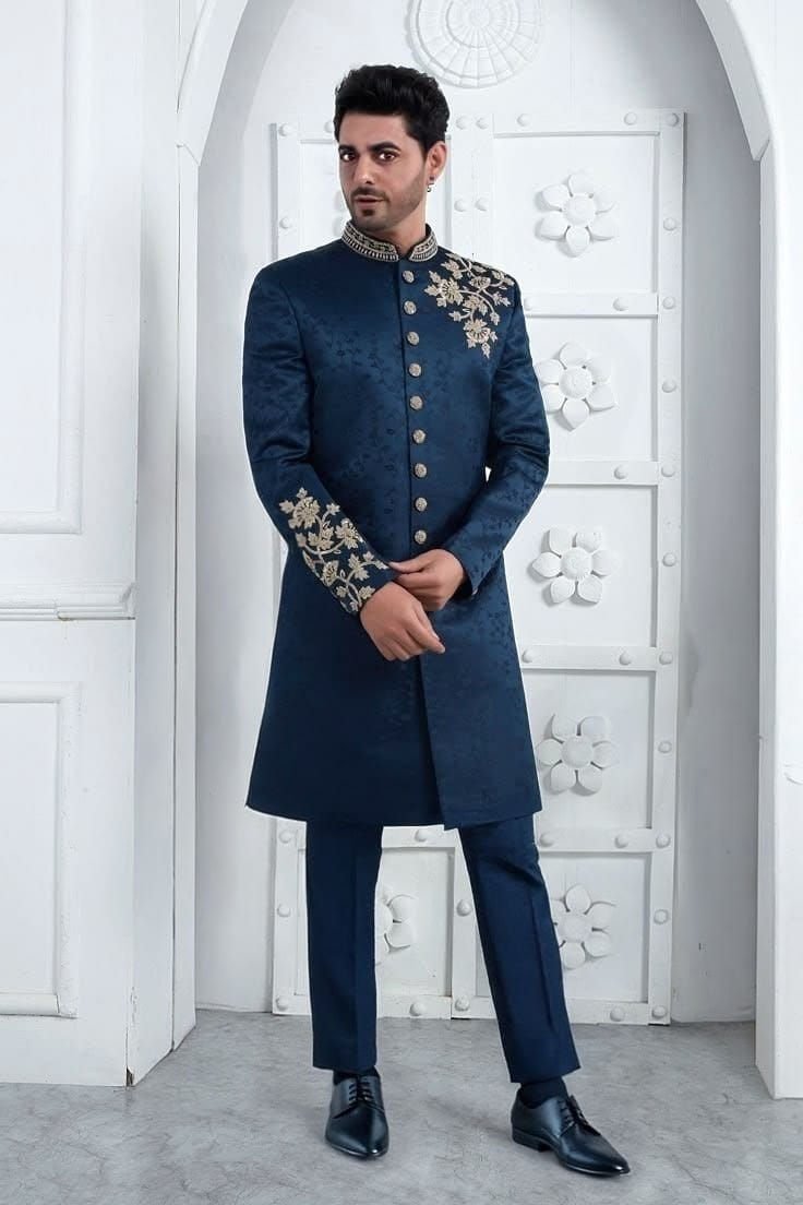 Navy Blue Gold Embroidered Indo-Western Sherwani