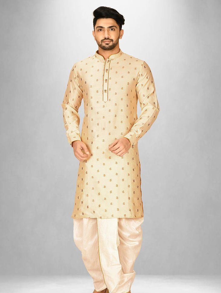 Cream Jacquard Silk Kurta with Dhoti Pant
