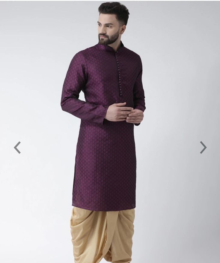 Purple Self-Design Silk Kurta with Golden Dhoti Pant