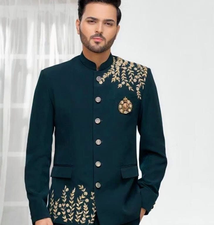 Teal Green Embroidered Jodhpuri Suit