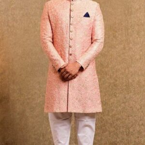 Peach Embroidered Achkan Style Sherwani with White Churidar