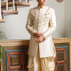 Cream Embroidered Sherwani with Golden Dhoti Pants Set for Groom