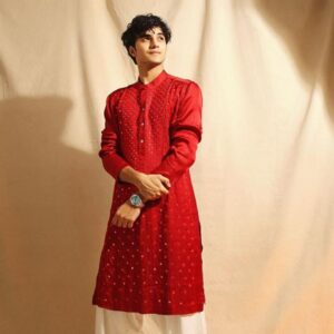 Maroon Mirror Embroidered Kurta with White Churidar Pajama Set for Men