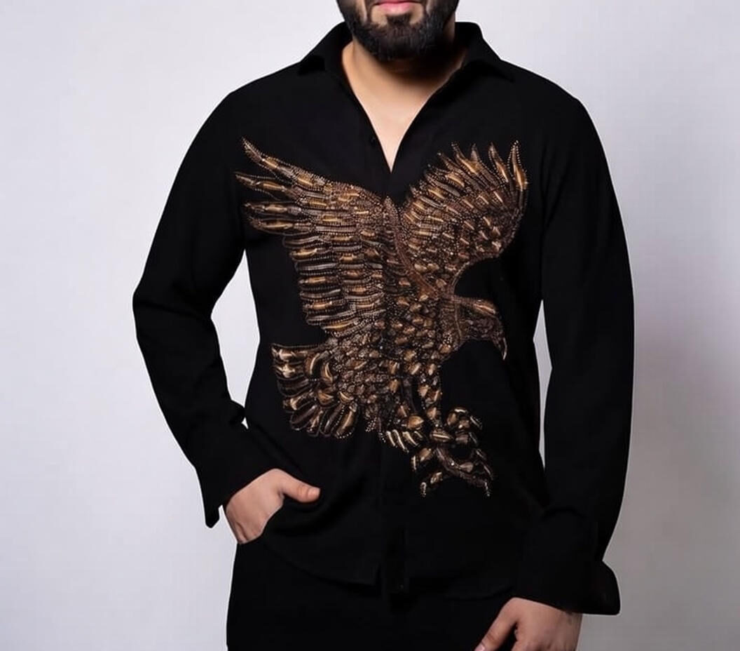 Luxury Black Embroidered Eagle Dress Shirt