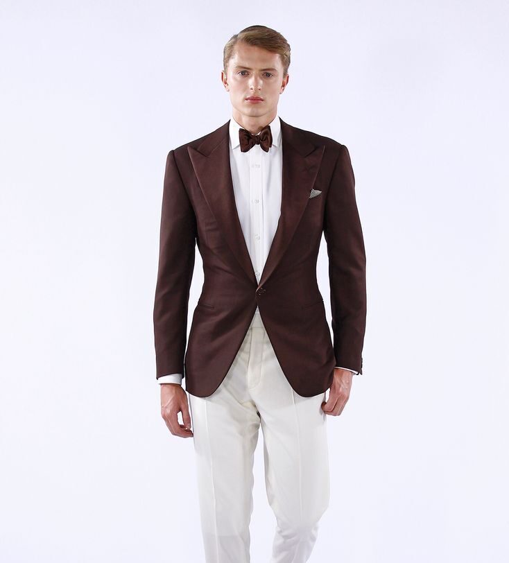 Burgundy Velvet Peak Lapel Tuxedo with White Trousers & Bow Tie