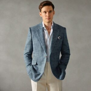 Blue Textured Blazer with Cream Trousers and Pocket Square