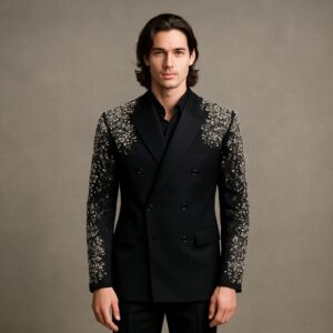 Black Embroidered Double-Breasted Tuxedo Suit
