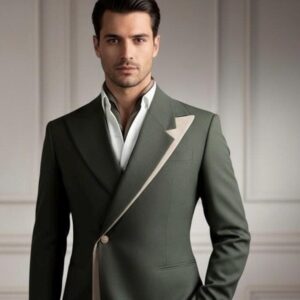 Dark Green Double-Breasted Tuxedo Suit with Contrast Lapel