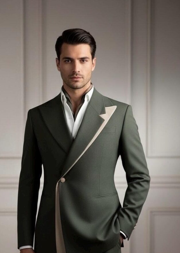 Dark Green Double-Breasted Tuxedo Suit with Contrast Lapel