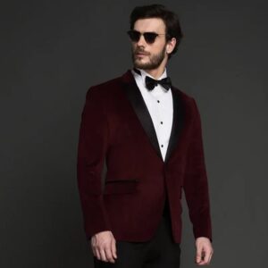 Maroon Velvet Tuxedo Blazer with Black Trousers and Bow Tie