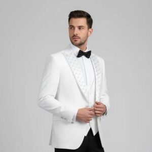 White Embroidered Tuxedo with Waistcoat, Black Trousers and Bow Tie 3-Piece Set