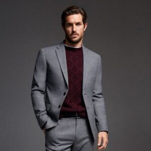 Grey Wool Slim Fit Suit with Maroon Sweater