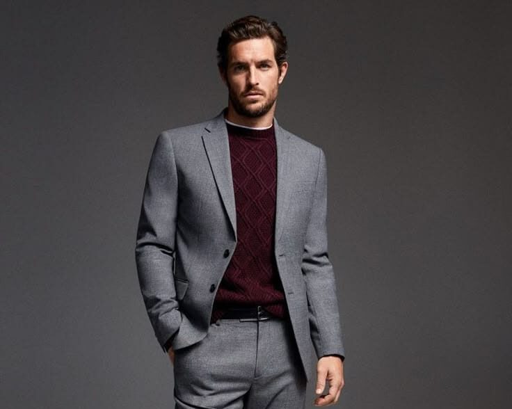 Grey Wool Slim Fit Suit with Maroon Sweater
