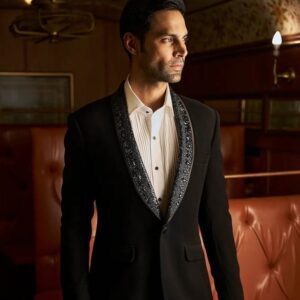 Black Embellished Shawl Lapel Tuxedo Suit with Pleated Shirt