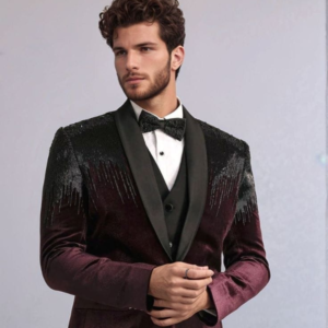 Maroon Velvet Embellished Tuxedo with Waistcoat