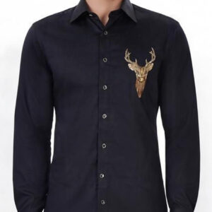 Men's Luxury Black Formal Shirt with Gold Embroidered Deer Head