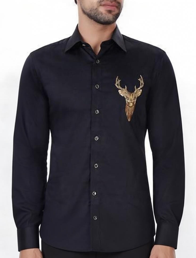 Men's Luxury Black Formal Shirt with Gold Embroidered Deer Head