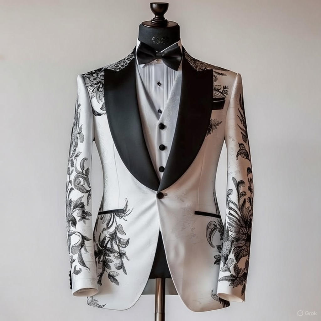 Luxury White Floral Embroidered Groom Tuxedo Blazer