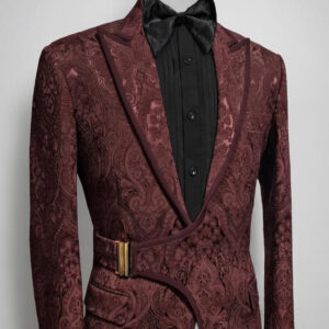 Luxury Burgundy Paisley Groom Tuxedo Blazer with Belt