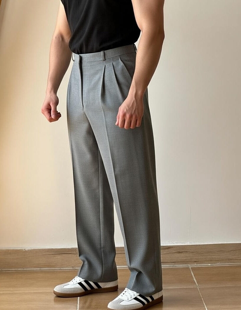 Men's Grey Wide Leg Pleated Trousers
