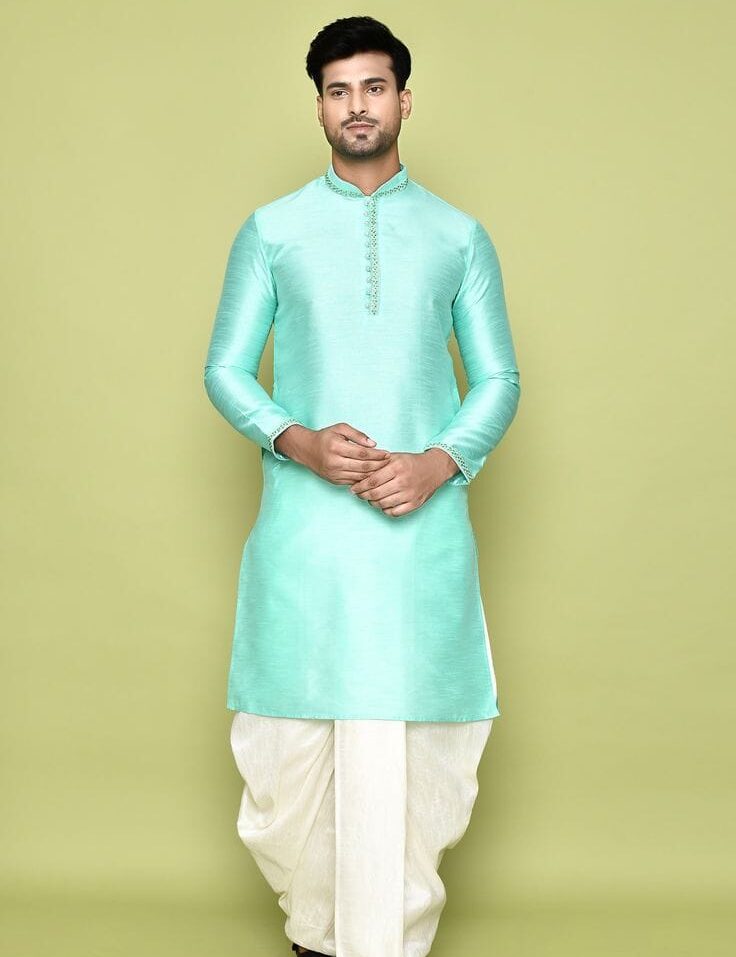 Pastel Mint Silk Blend Men's Kurta & Dhoti Ensemble