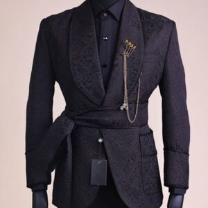 Luxury Black Paisley Groom Tuxedo Blazer with Belt | Shawl Lapel Wedding Suit Jacket for Men 2025