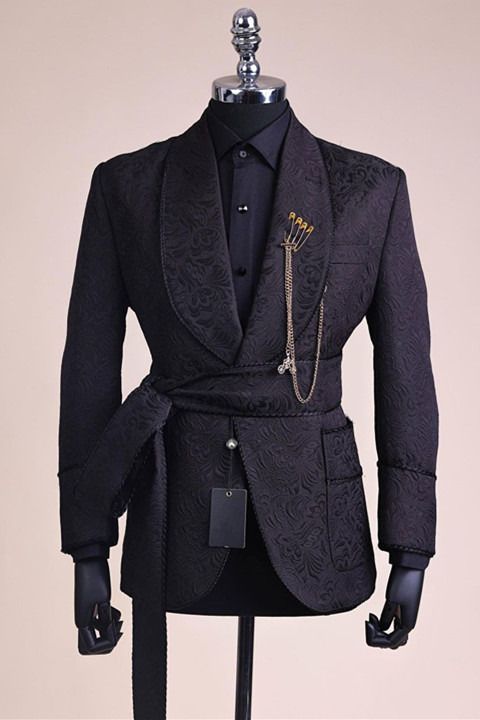 Luxury Black Paisley Groom Tuxedo Blazer with Belt | Shawl Lapel Wedding Suit Jacket for Men 2025