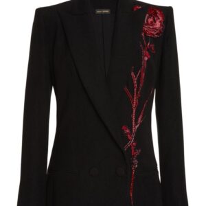 Luxury Black Blazer with Red Rose Embroidery