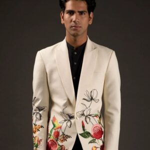 Men's Luxury Ivory Embroidered Open-Front Blazer