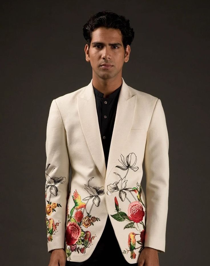Men's Luxury Ivory Embroidered Open-Front Blazer
