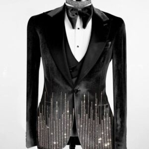 Luxury Black Velvet Groom Tuxedo Blazer with Crystal Embellishments