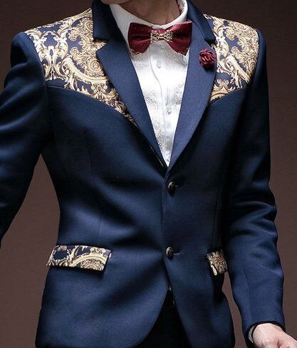 Navy Blue Velvet Peak Lapel Tuxedo Blazer with Gold Baroque Floral Pattern