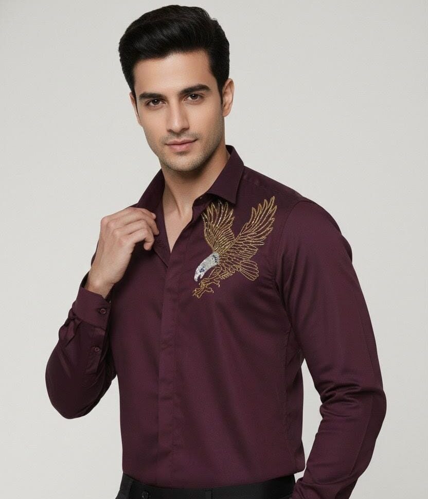 Men's Maroon Embroidered Eagle Formal Shirt