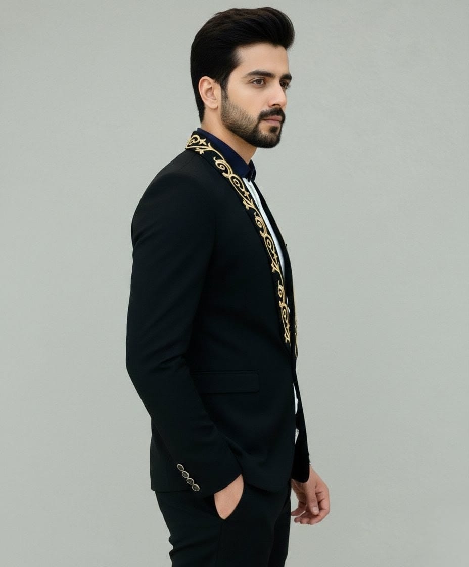 Black Shawl Lapel Tuxedo Blazer with Gold Baroque Embroidery - Image 3