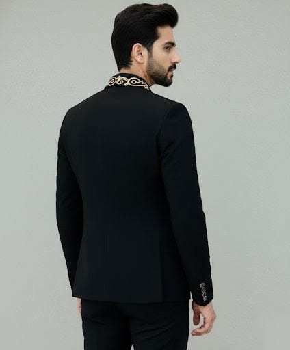 Black Shawl Lapel Tuxedo Blazer with Gold Baroque Embroidery - Image 4