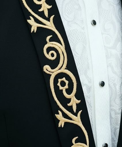 Black Shawl Lapel Tuxedo Blazer with Gold Baroque Embroidery - Image 6