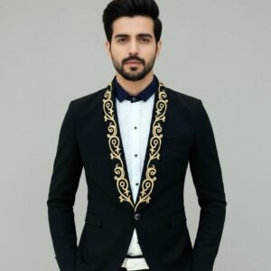 Black Shawl Lapel Tuxedo Blazer with Gold Baroque Embroidery