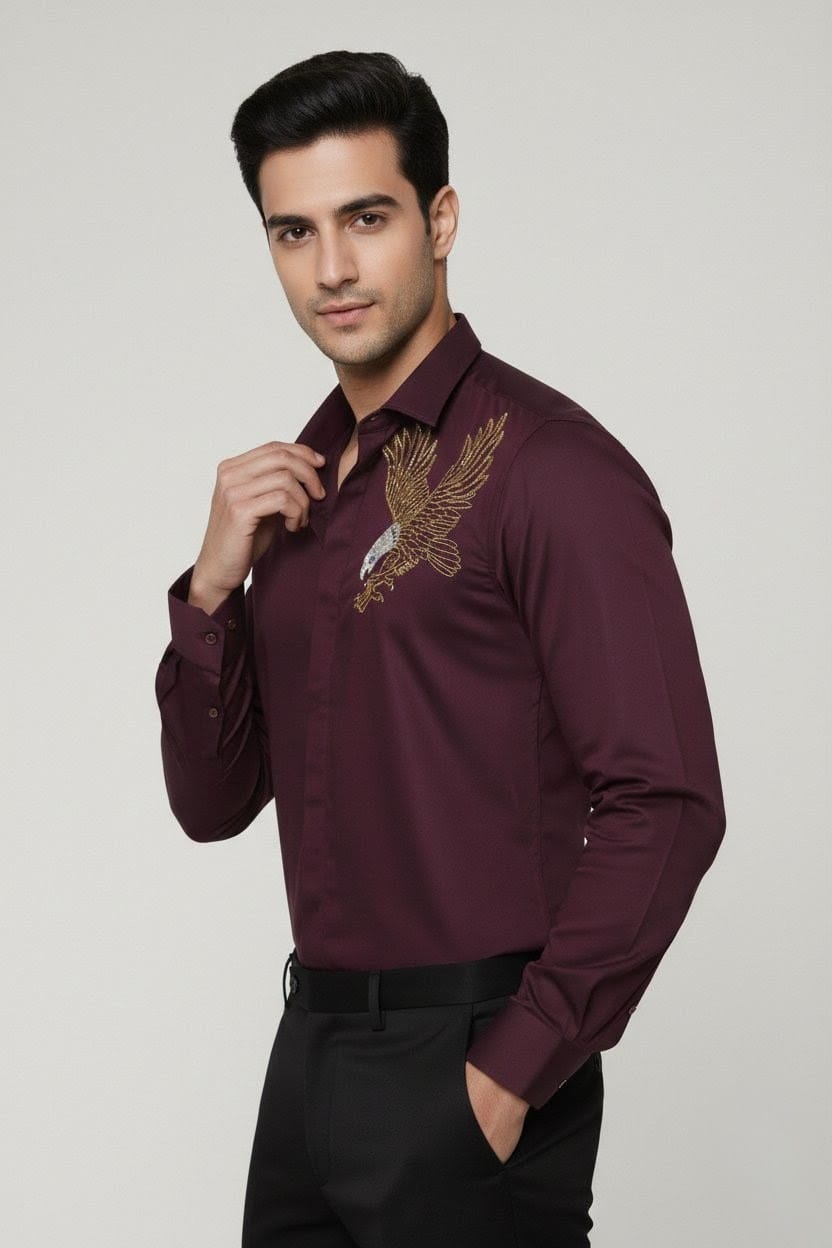 Men's Maroon Embroidered Eagle Formal Shirt - Image 4