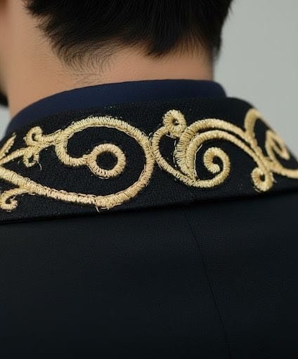 Black Shawl Lapel Tuxedo Blazer with Gold Baroque Embroidery - Image 5